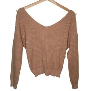 Jessica Simpson Ballet Pink Pearl Beaded Knotted Tie Back V-Neck Sweater S